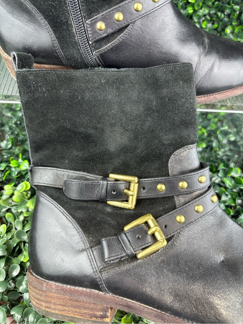 COACH LILIANA LEATHER AND SUEDE WITH GOLD STUD Ankle Boots in Black SIZE 7 Woman - Picture 8 of 10